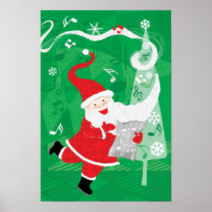 Poster Joyeux Noël, Père Noël chantant et dansant