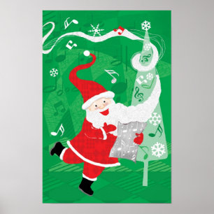 Poster Joyeux Noël, Père Noël chantant et dansant