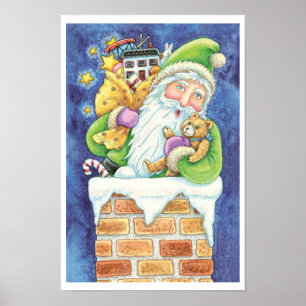 Poster Joyeux Noël, Père Noël dans la cheminée avec des j