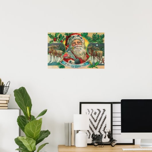 Poster Joyeux Noël Père Noël et Rennes (Bureau à domicile)