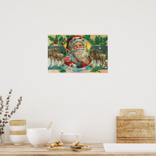 Poster Joyeux Noël Père Noël et Rennes (Cuisine)