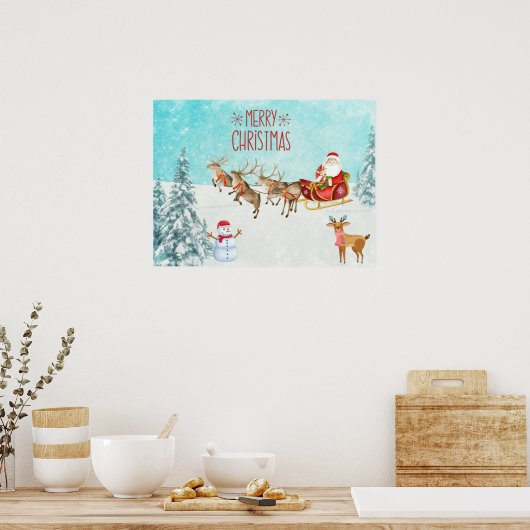Poster Joyeux Noël Père Noël, Snowman, Reindeer, Forêt (Cuisine)