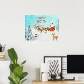 Poster Joyeux Noël Père Noël, Snowman, Reindeer, Forêt (Bureau à domicile)