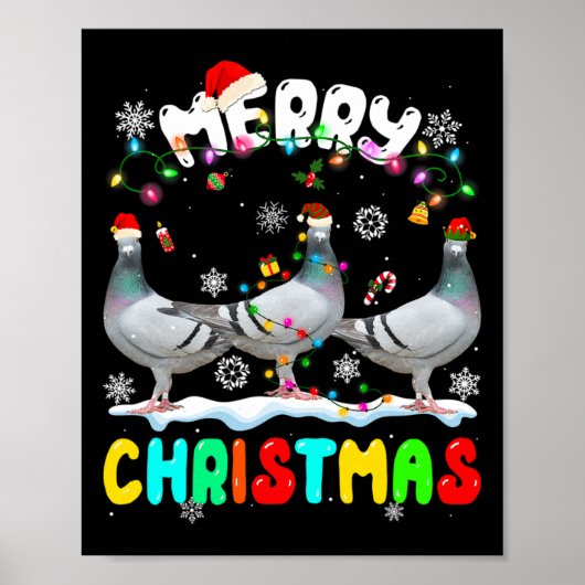 Poster Joyeux Noël Pigeon Lover Santa Hat Noël Lumières (Devant)