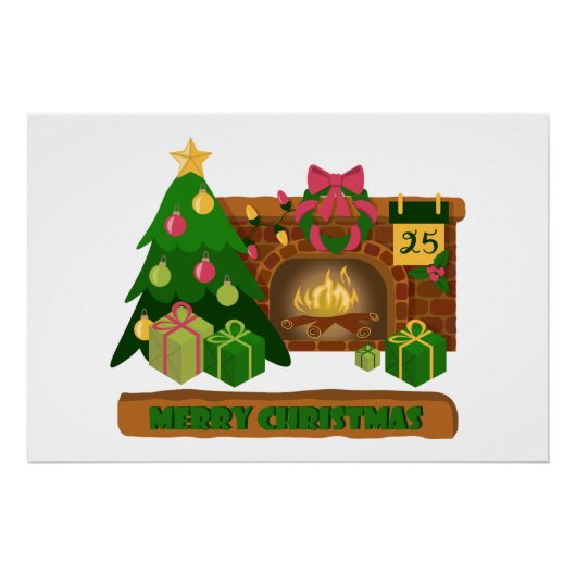 Poster Joyeux Noël près de la cheminée bonfire xmas arbre (Devant)