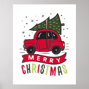 Poster Joyeux Noël Rouge Voiture Joyeux Jours fériés Noël