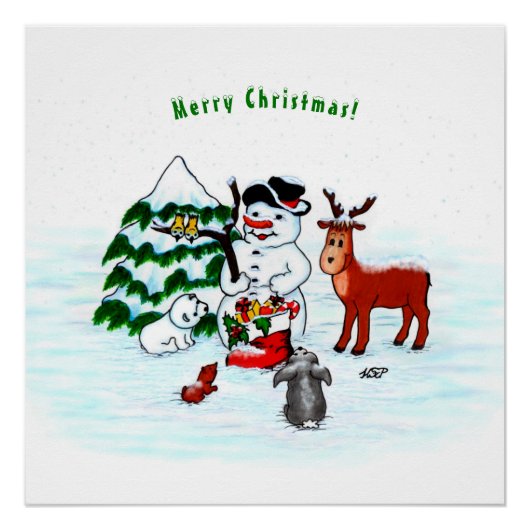 Poster Joyeux Noël ! Snowman avec amis (Devant)