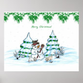 Poster Joyeux Noël ! Snowman avec chat et chiot (Devant)