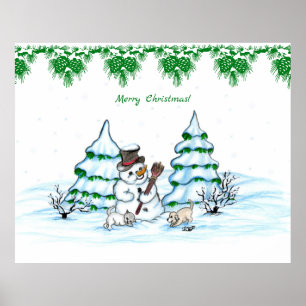Poster Joyeux Noël ! Snowman avec chat et chiot