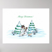 Poster Joyeux Noël ! Snowman avec chat et chiot (Devant)