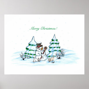 Poster Joyeux Noël ! Snowman avec chat et chiot