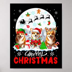 Poster Joyeux Noël Trois Père Noël Elf Reindeer Corgis Ow