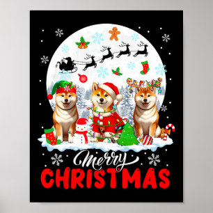 Poster Joyeux Noël trois Père Noël Elf Reindeer Shiba Inu