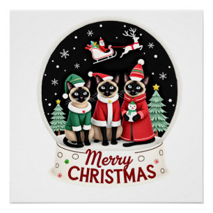 Poster Joyeux Noël Trois Santa Elf Renne Chats Siamois C