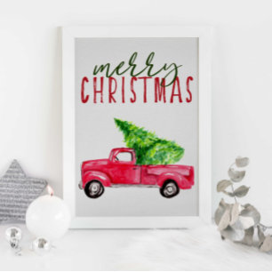 Poster Joyeux Noël typographie Fête de Camion Rouge Arbre