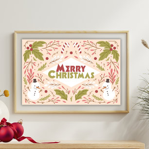 Poster Joyeux Noël typographie Snowman Floral