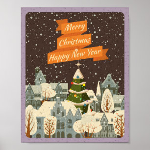 Poster Joyeux Noël Vintage Ciel de Ville en Hiver