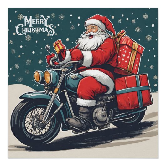 Poster Joyeux Noël Vintage Père Noël sur moto (Devant)