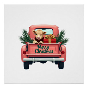 Poster Joyeux Noël vintage vache Highland rose à la ferme