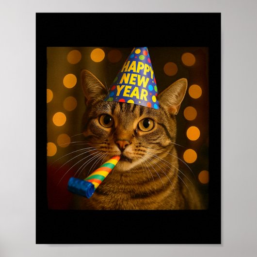 Poster Joyeux Nouvel An Chat Drôle Chapeau de Fête Félin (Devant)
