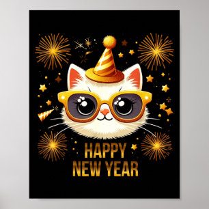 Poster Joyeux Nouvel An Chat Feu d'artifice Fête du Nouve