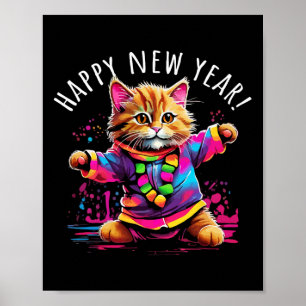 Poster Joyeux Nouvel An Fête Danser Design Chat