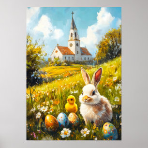 Poster Joyeux oeuf lapin de l'église chrétienne de Pâques