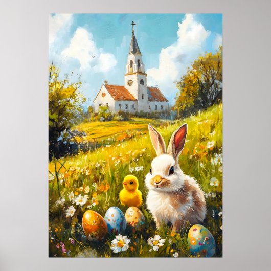 Poster Joyeux oeuf lapin de l'église chrétienne de Pâques (Devant)