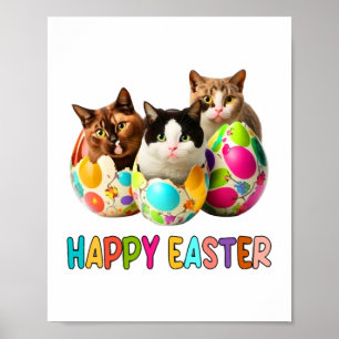 Poster Joyeux Pâques Trois Chats Coloré Oeufs de Pâques K