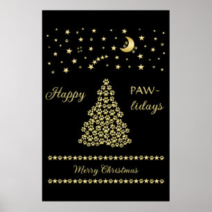 Poster Joyeux Pawlidays, Or brillant Paw sapin de Noël