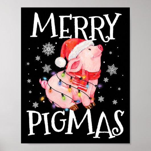 Poster Joyeux Pigmas Drôle Cochon Feux Noël Lumières Arbr (Devant)