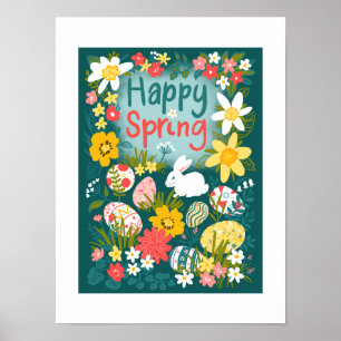 Poster Joyeux printemps Pâques chasse aux oeufs champ de