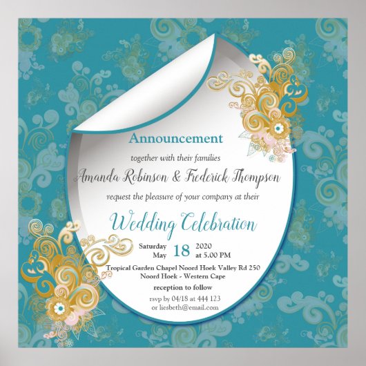 Poster Joyeux rose Abstrait, bleu ciel - Fleurs roses (Devant)