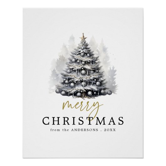 Poster Joyeux sapin de Noël noir & blanc moderne (Devant)