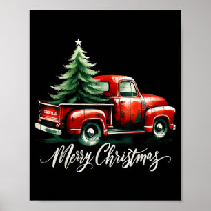 Poster Joyeux Sapin de Noël sur Camion Rouge Vintage Fami
