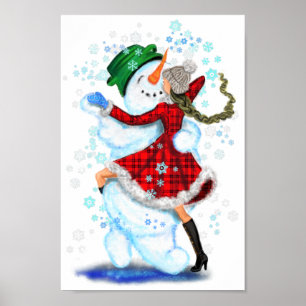 Poster Joyeux Snowman et Fille Dance Tango fête de Noël