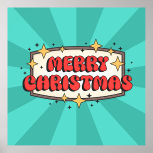 Poster Joyeux texte funky de noël, dessin animé rétro sup
