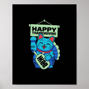 Poster Joyeux Thanksgiving Maneki Neko Chat Chinois Japon