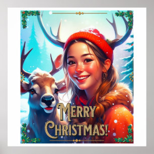 POSTER JOYEZ NOËL REINDEER AVEC HEUREUSE FILLE