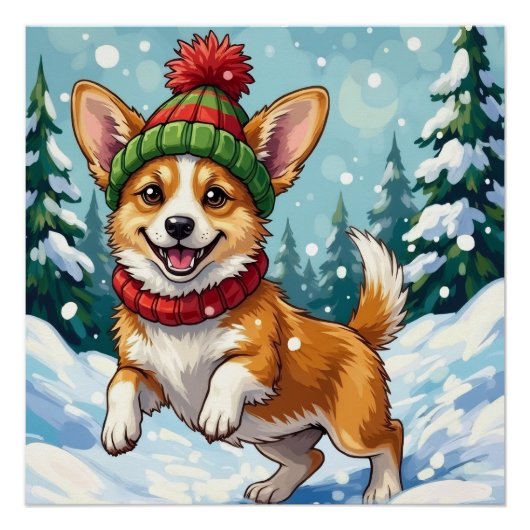 Poster Joyful Corgi Dog Bouncing in Snow with Pom Pom (Devant)