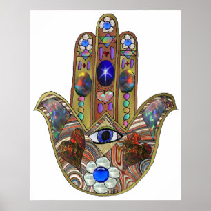 Poster Judaica Hamsa Coeurs Fleurs Opal Art Imprimer