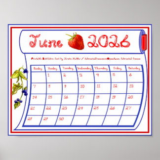 Poster Juin 2026 Fraise Myrtille Tissu Police de caractèr