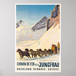 Poster Jungfrau Suisse Art Chien Traîneau Alpes Bernoises