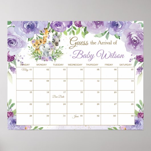 Poster Jungle Animals Guess Baby's due Date Jeu Signe (Devant)