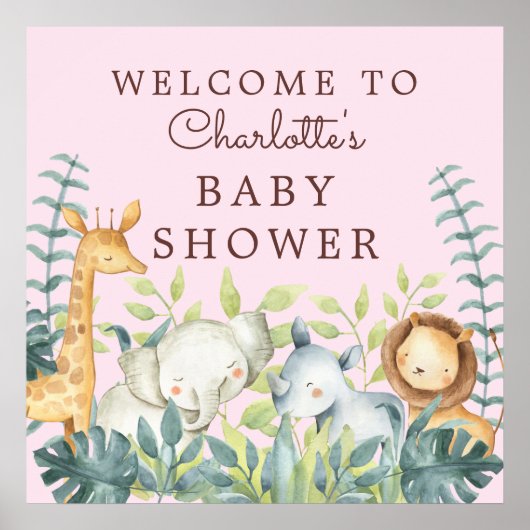 Poster Jungle Animaux Filles Baby shower Bienvenue (Devant)