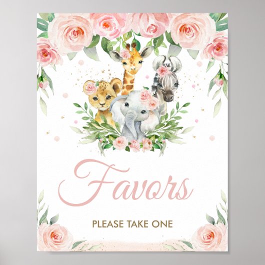 Poster Jungle Animaux Safari Blush Rose Floral Faveurs (Devant)