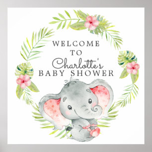 Poster Jungle Girl Elephant Baby shower Bienvenue
