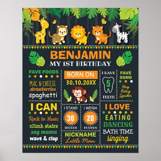 Poster Jungle Safari Boy Stats de naissance Anniversaire (Devant)