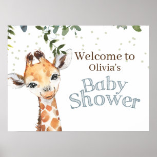 Poster Jungle Safari Giraffe Baby shower bleu Bienvenue