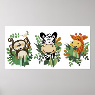 POSTER JUNGLE SAFARI MONKEY, ZEBRA & GIRAFFE ART